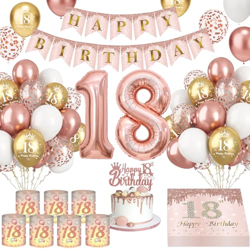 Deko 18. Geburtstag Mädchen Rose Gold 18 Geburtstagsdeko Luftballons 8 Windlicht Tischdeko Happy Birthday Banner Servietten Tortendeko 18th Geburtstags Mädchen