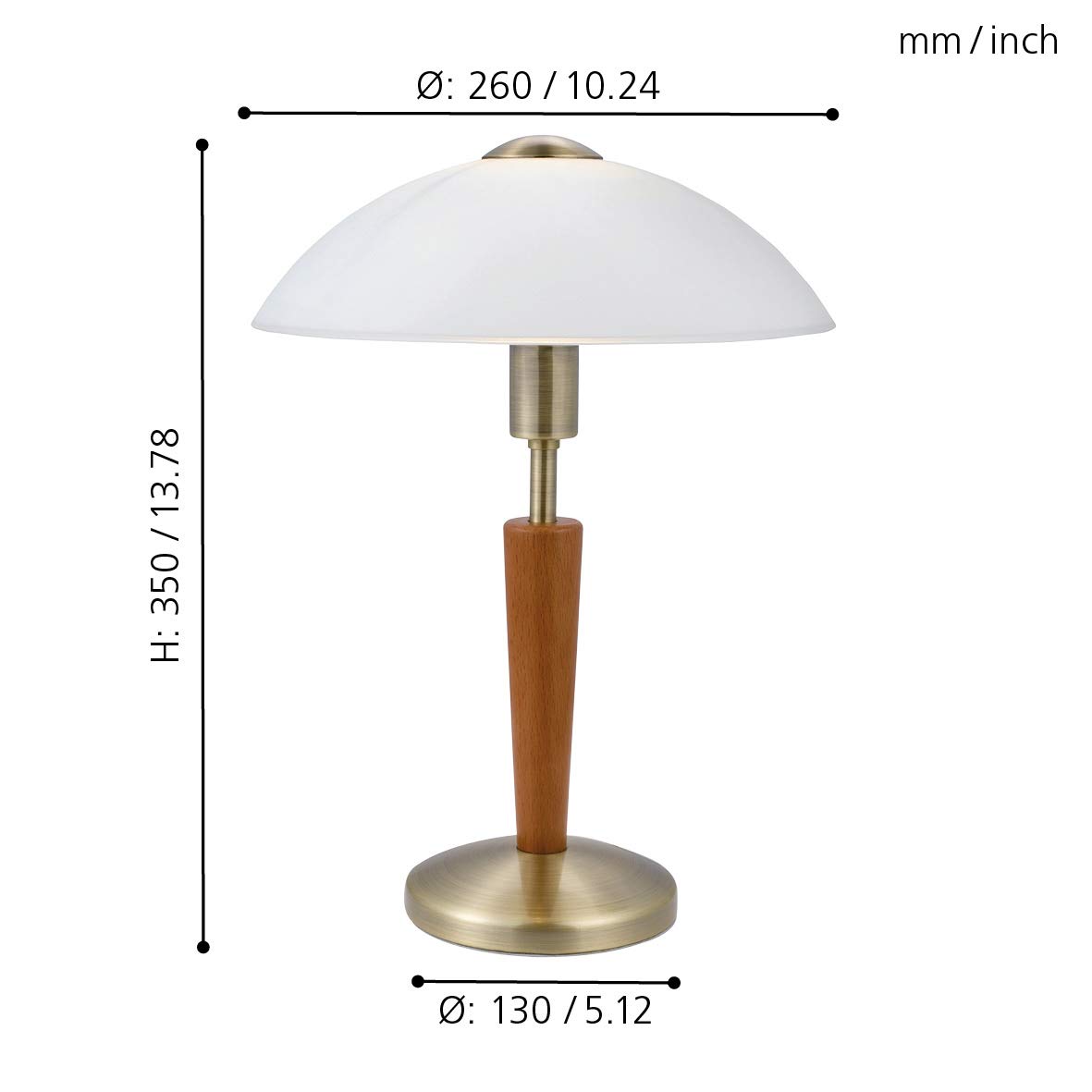 Eglo Solo 1, lampada da tavolo a 1 luce, materiale: Acciaio, legno | brunito, noce, vetro: bianco satinato, attacco: E14, incluso dimmer touch a sfioramento