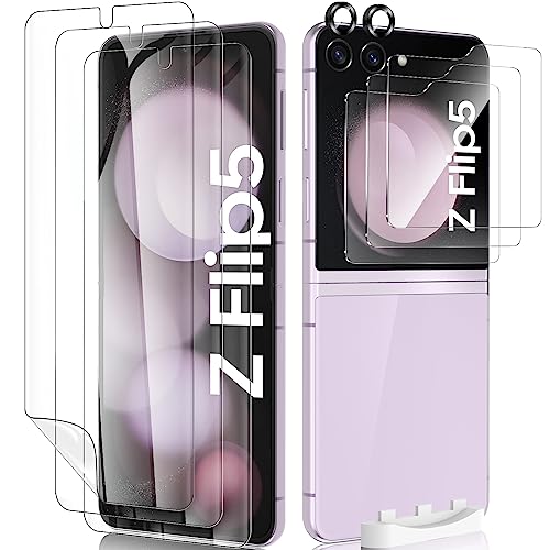Fotbor [3+3+2 Pack for Samsung Galaxy Z Flip 5 screen Protector 3 Pack Inner Screen Flexible Film + 3 Pack Back Screen Protector Tempered Glass + 2 Pack [1 Set] Camera Lens Protector Accessories