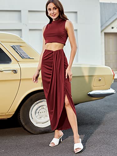 Image of ZAFUL Women's Casual Sleeveless Summer Two Piece Outfits Crop Top and Side Split Draped Ruched Maxi Skirt Set Solid Suiting