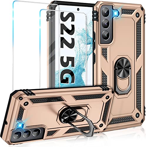 Image of Vaki for Samsung Galaxy S22 5G Case with Built in Screen Protector Military Grade Hard Rugged Cover Heavy Duty Armor Galaxy S22 Phone Cases with Metal Ring Kickstand Shockproof (Gold)