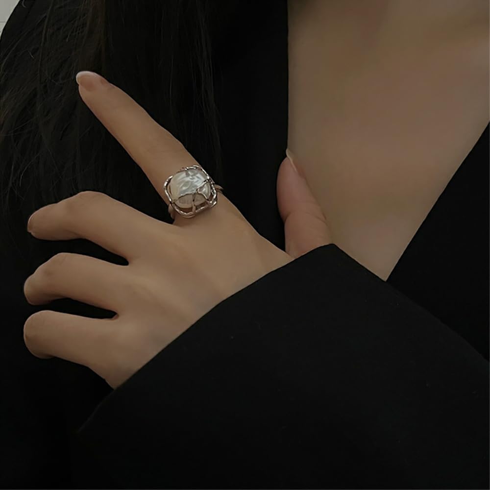 IMINI Anillo de plata de ley 925 con perla barroca irregular para mujer y niña, anillo de moda ajustable para mujer y niña, regalo de cumpleaños o San Valentín, plata de ley, perla, Plata de ley,