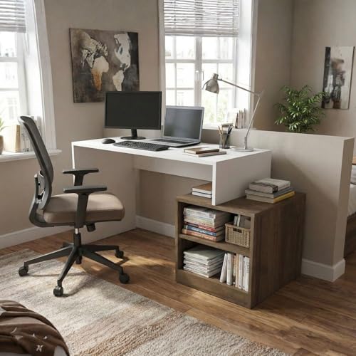 Image of FFO Wooden Computer Table with Storage - Study Desk for Students & Adults, Writing Table, Laptop Desk, Office Work Table for Home (Forest & White) DIY.