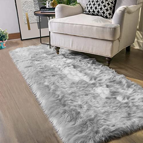 Latepis Grey Fluffy Rugs for Bedroom Rug Runner 2x5 Faux Sheepskin Fur Furry Rug for Living Room Home Décor Sofa Cushion, Runner