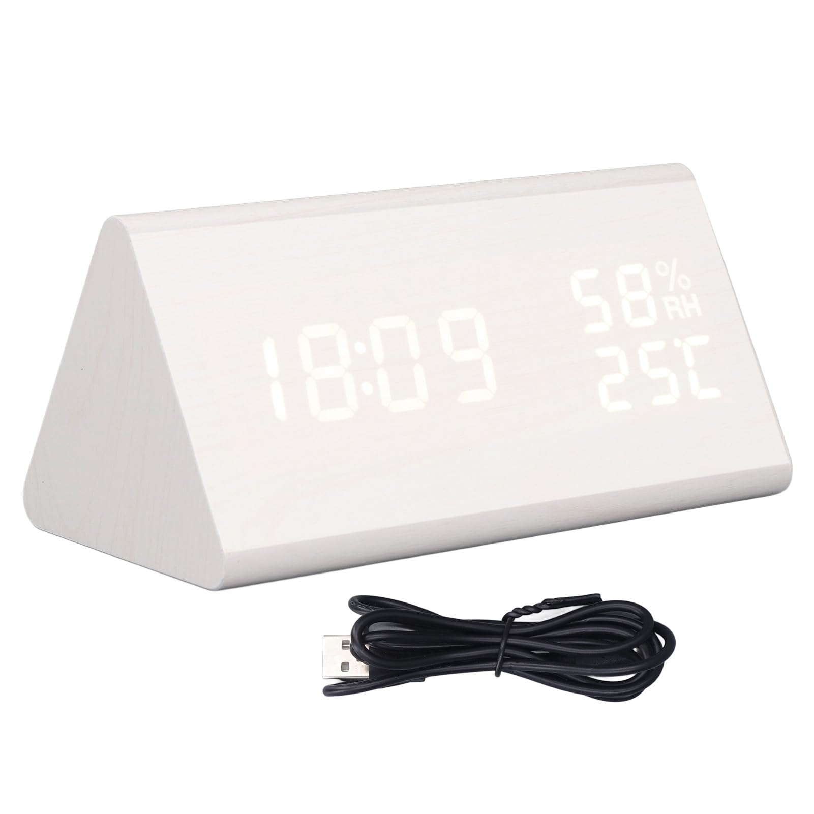 NOENNULL LED Digital Alarm Clock, Large LED Display, Alarm Clock, Multi-purpose Bedside, Wooden with Voice Control, Humidity, Temperature, Time of Week Display (White Wood)