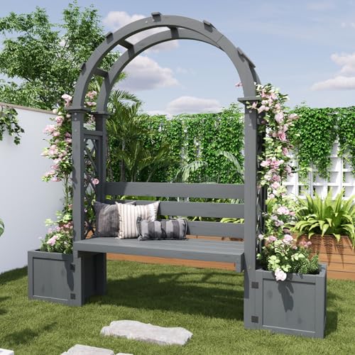 Arche de Jardin en Bois Massif avec 2 Jardinières et Banc Intégré, Pergola pour Rosiers et Clématites, Support Robuste pour Plantes Grimpantes, Décoration...