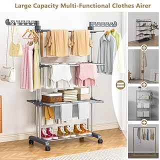 PurKeep Étendoir à Linge 4 Niveaux - Séchoir à Linge Pliable avec roulettes, Étendoir Linge Intérieur/Extérieur en Acier Inoxydable, Grand Séchoir à Linge pour Buanderie, Balcon, Gris et Noir