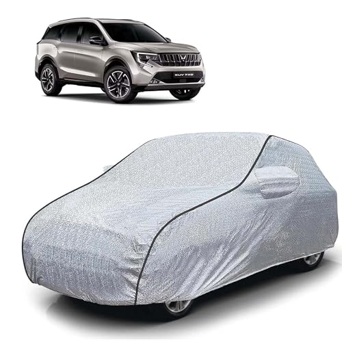 Image of Sulfar 100% Waterproof Car Body Cover Compatible with Mirror for Mahindra XUV 7XO (Triple Stitched, Full Bottom Elastic, Magic Silver with Black Piping)