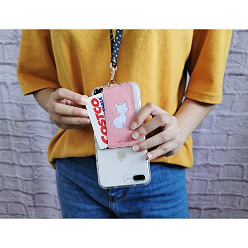 Image of Tainada Stick On Wallet with Detachable Neck Lanyard, Adhesive ID Credit Card Cash Holder with Faux Leather Animal Silhouette Compatible with Most Cell Phones + One Cord Wrapper (Pink Cat)