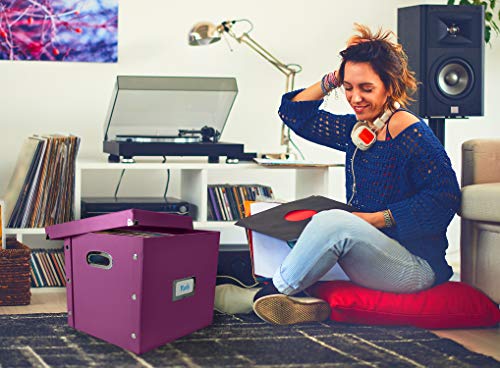 Image of Snap-N-Store Vinyl Record Storage Box - 12 inch - 1 Pack- Crate Holds up to 75 Vinyl Albums - Berry | Collapsible LP holder with lid, snaps together for easy assembly, stylish record organizer for shelf display