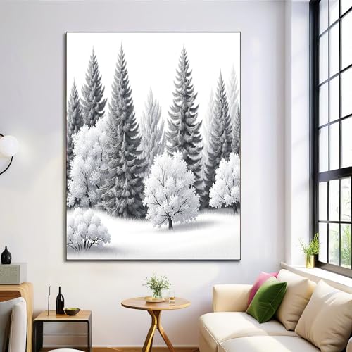 Tableau pins enneigés 60x90cm paysage paisible gris blanc