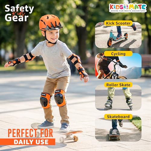 Image of Kidsmate Sports Protective Gear Set for Boys & Girls | Kids Safety Guard Contains Helmet, Knee Pads, Elbow Pads & Wrist Guards | Ages 3-14 Years, Ideal for Cycling, Skateboarding & Scooters (Orange)