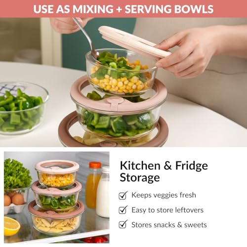 Image of Nestasia Vento Glass Containers with Lid Set of 3 (400ml, 620ml, 950ml) - Round Containers with Air Vent Lid for Kitchen Storage | Microwave, Dishwasher & Refrigerator Safe (Beige Ombre)