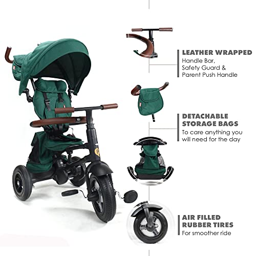 Image of QPlay Rito - Premium Luxury Foldable Trike for Toddlers Featuring Leather touchpoints, Toddler Tricycle Stroller, Push & Fold Tricycle for Ages 12 Months to 5 Years, Alpine Green Edition