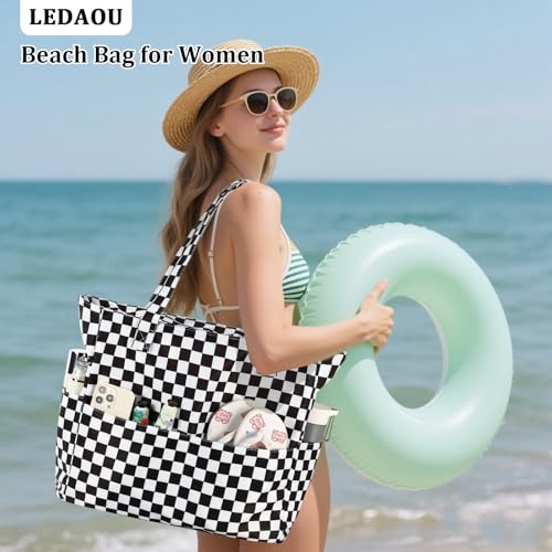 Image of LEDAOU Large Beach Bag Women Waterproof Sandproof Zipper Beach Tote Pool Bag for Swim Gym Grocery Travel with Wet Pocket