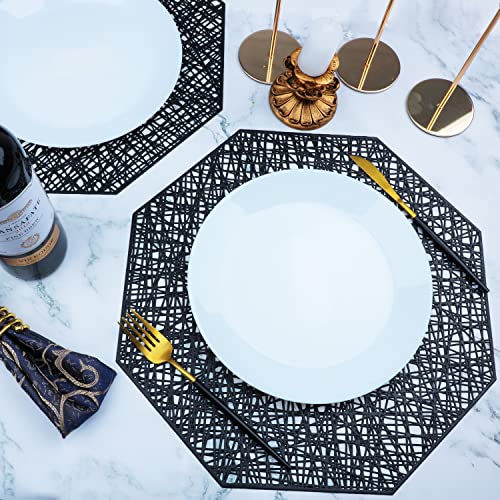 Snowkingdom Black Placemats Set Of 6 Octagonal Metallic Pressed Hollow Out Vinyl Dining Table Mats Centerpiece Decoration 15" #TOP5