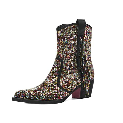 Tsrenlmln Ankle Boots for Women Pointed Toe Rhinestone Western Cowboy Slip-On Short Boots