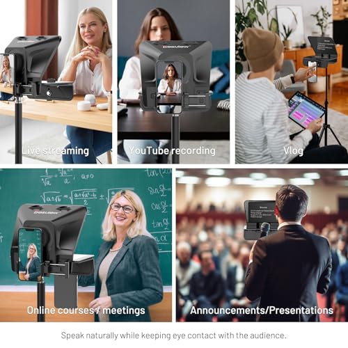Image of Desview T5 Teleprompter for Smartphone & Tablet, Video Recording | Compatible with DSLR Cameras. Includes 49-82mm Adapter Rings, Coated Glass, Bluetooth Remote, Free App for Streaming