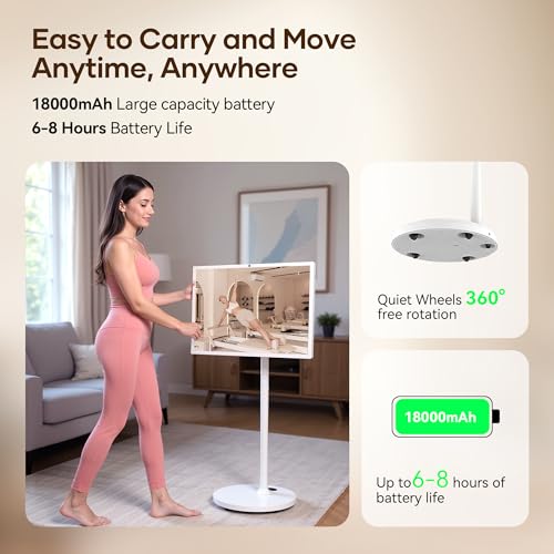 Image of 32-Inch Portable Smart TV on Wheels with Touch Screen Monitor | 8G RAM +128G Storage | 8-core CPU Qualcomm | Built-in 6-8H Battery | 8MP Webcam | Android 13 OS | Full Swivel Rotation | Remote Control