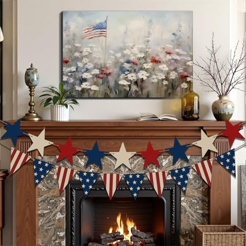 Image of Framed American Flag Wildflower Wall Art, Patriotic Floral Canvas Art Pictures, USA Flag Wall Decor for Living Room Bedroom Office, Ready to Hang Made in USA