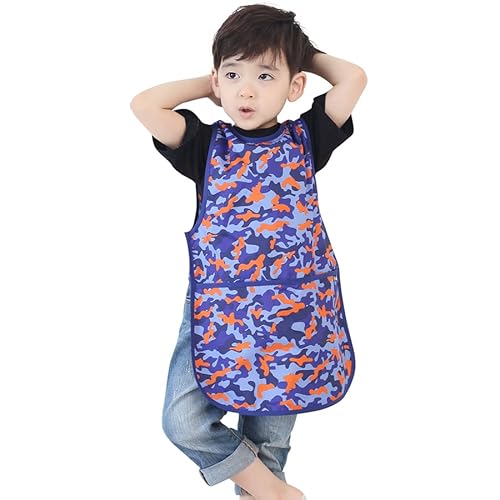 ノースリーブ アートスモック 子供用エプロン 防水 お絵かき用 幼稚園 保育園 給食 かわいいデザイン 男の子 女の子 1歳?8歳, Blue Camo (35-L)