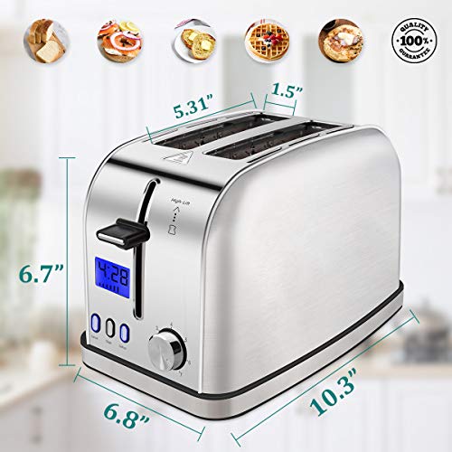 iFedio Best Rated Prime 2 Slice Toaster Stainless Steel with LCD Timer Display Wide Slots Bagel Defrost Cancel Function for Breakfast Removable Crumb Tray, 900W, Silver