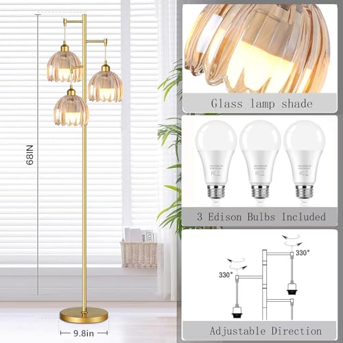 Image of Gold Floor Lamps for Living Room Vintage Floor Lamp with Glass Lmapshape & Three Led Bulb,Green Floor Lamp Brass Mid Century Modern Standing Lamp Tall Tree Flower Floor Lamps for Bedroom,Office,Corner