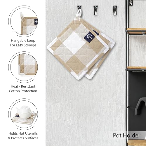 Image of Encasa XO Kitchen Towels and Dishcloths Sets | 21 Pcs Apartment Essentials Set | Oven Mitts and Pot Holders with Hanging Loop | Cooking Apron, Dish Cloth, Flour Sack and Coasters Beige Combo