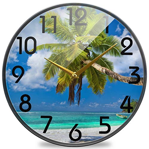 Naanle 3D Tropical Seychelles Beach Palm Tree Print Round Wall Clock, 12 Inch Silent Battery Operated Quartz Analog Quiet Desk Clock for Home,Office,School,Kitchen