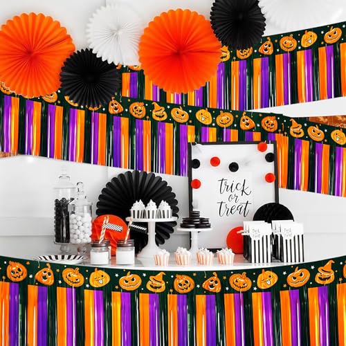 Image of 4 Packs 10 Feet Long Foil Fringe Halloween Garland Orange Purple Black Tinsel Metallic Streamers Pumpkin Wall Hanging Banner for Car Parade Floats Table Skirts Indoor Party Decorations