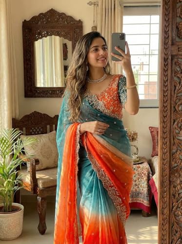 Image of Soft Fandy Satin Saree with Fancy C Pallu, Sequence Zari Work & Heavy Embroidered Stitched Blouse (Free Size)