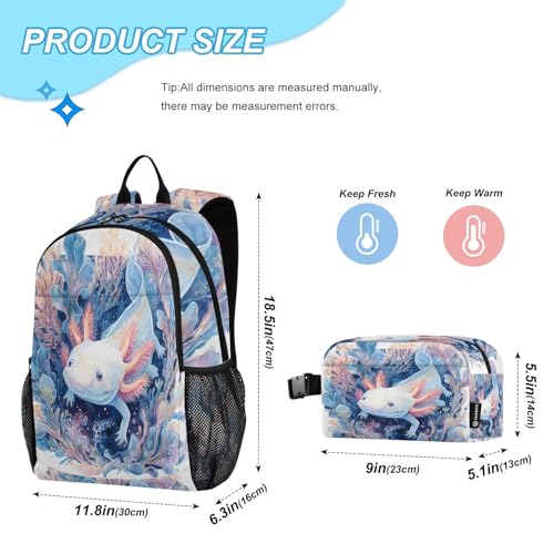 Kids Backpack Axolotl Exploring in Deep Sea Boys Girls School Backpack with Lunch Bag Bookbag Set2
