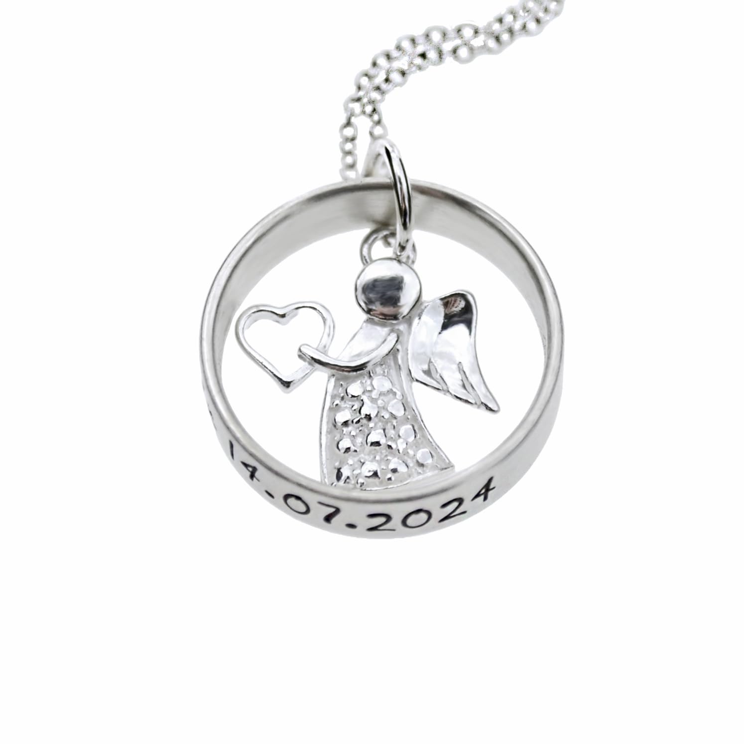 Personalisierte Schutzengel Kette Silber 925 mit Gravur-Ring – Damen & Kinder Halskette mit Engel-Anhänger & Herz – Individuelles Taufgeschenk, Kommunion oder Geburtstag – Durchmesser 20mm