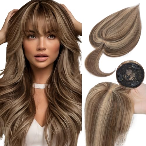 Elailite Toupet - Extension per capelli da donna, in capelli veri, con pony, con clip mono, lisce, # 4P27, colore marrone e biondo scuro, 45 cm