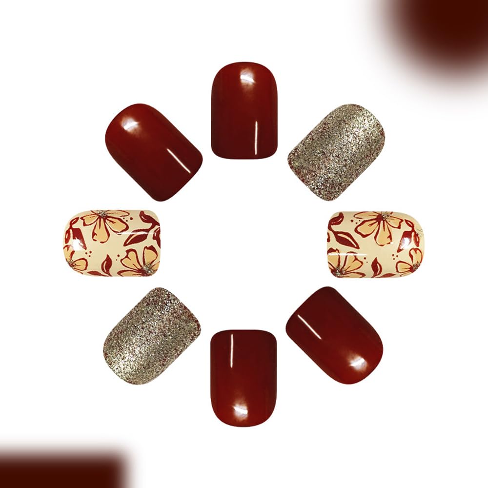 yefiuo Fall Press on Nails Short Square Reddish-Brown Fake Nails Press ons Autumn Flower French Tip Nail Art Kit Gold Glitter Glue on Nails Acrylic Fasle Nails for Women Winter Nail Supplies 24Pcs