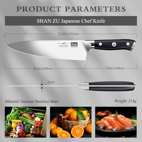 SHAN ZU Coltello da Chef Giapponese Coltelli da Cucina 20 cm, Professionali Coltello Ultra Affilato Acciaio Inossidabile Tedesco, Coltello Multiuso per Cucina Domestica e Ristorante - immagine 3