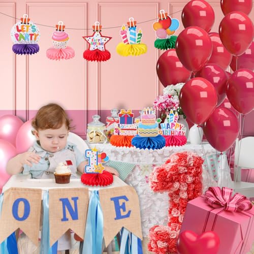 Image of 9pcs Colorful Happy 1st Birthday Honeycomb Centerpieces Colorful First Birthday Party Decorations Let's Party Tabletop Centerpieces Baby Shower One Year Celebration Table Topper Sign Decors