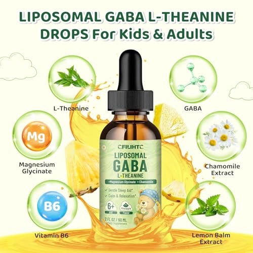 Image of 2 Pack Liposomal GABA L-Theanine Drops for Kids - Liquid GABA Supplement with Magnesium, Chamomile, Lemon Balm & Vitamin B6 - Support Relaxation, Focus & Stress Relief for Kids & Adults - Pineapple