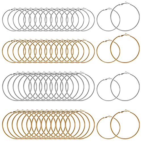 64PCS Hoop Earrings Beading Earrings Finding Hypoallergenic Round Stainless Steel Open Beading Hoops for Jewelry Making DIY Crafts/Art Creation/Women Gift Wedding Party Favor(Gold/Sliver 2Sizes)