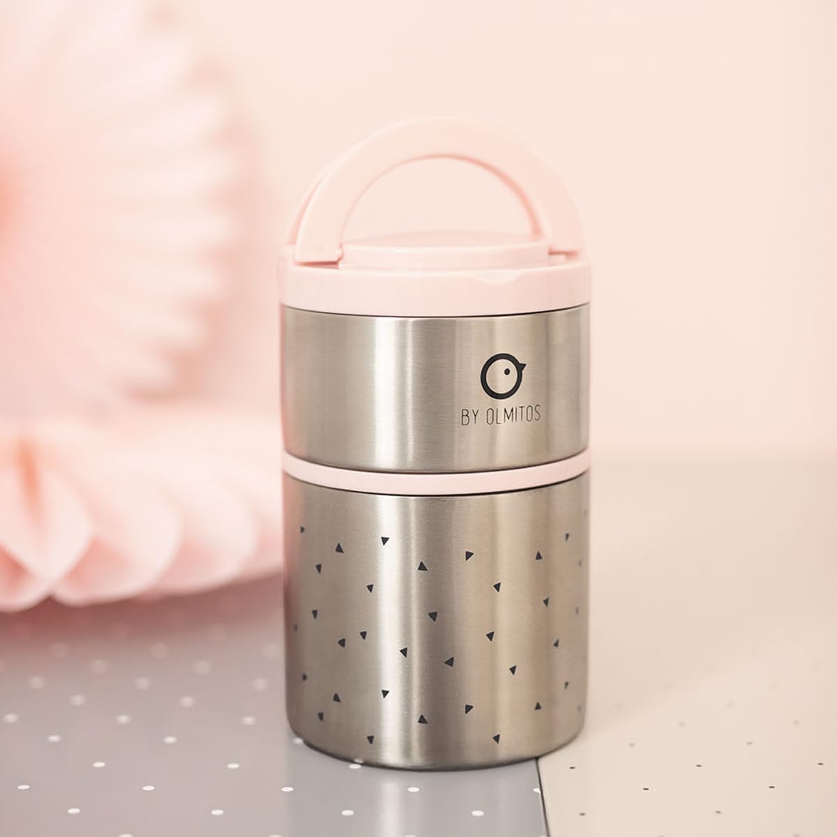 Olmitos - Termo papillero para sólidos acero inox 570ml + 250ml - Asas y aro de silicona - 11.5 x11.5 x 17.5cm (Rosa)