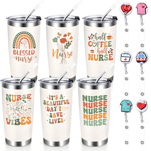 Qtencas Nurses Week Gifts Bulk 2026, Nurse Gifts Bulk, 6 Pcs Nurse Appreciation Gift Set for Women Men, 20 Oz Insulated Tumblers with Badge Clips, Nurses Graduation Gift for Nursing Student