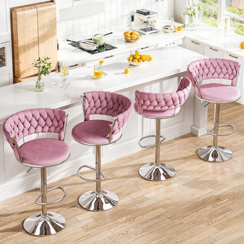 Image of Lamerge Velvet Bar Stools Set of 2,Swivel Bar Chairs Counter Adjustable Height Barstools with Back & Footrest,Upholstered Kitchen Island Chairs for Pub(2PCS Pink)