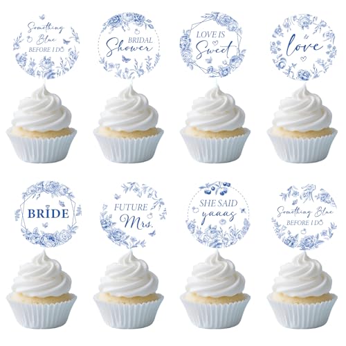 Aposwow Blue Bridal Shower Cupcake Toppers, 24 pcs
