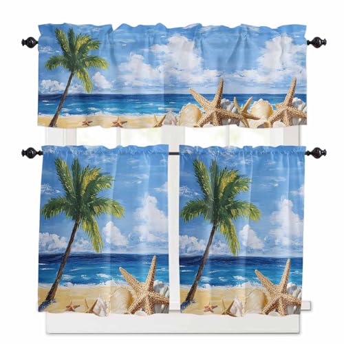 Summer Palm Tree Kitchen Curtains 24 Inch Length, 3 Piece Rod Pocket Small Half Tiers and Valance Set, Beach Ocean Coastal Starfish Shells Small Large Window Treatment Decor for Bedroom/Bathroom Sink