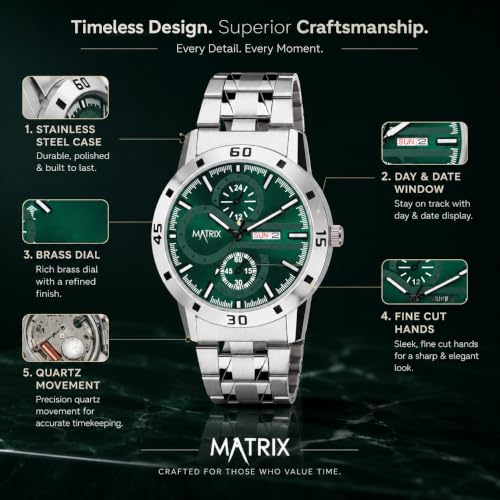 Image of Matrix Superior Analog Watch for Men | Black, Blue, Green & White Dial Stainless Steel Chain Strap Watch | Day & Date Display | Quartz Movement | Stylish Casual & Formal Wrist Watch for Boys & Men