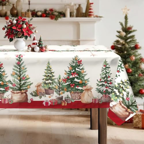Arquiel Mantel Rectangle, Árbol De Navidad Granjahouse Invierno Mantel Impermeable Antimanchas Lavable Duradera Verde para Cocina Comedor Fiestas Primavera Verano(140X180Cm)