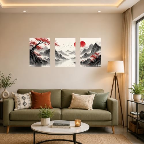 Image of Everoot's CRIMSON DAWN | 3 Piece Abstract Wall Art Poster Set | 12 x 18 Inch Each | 300 GSM Premium Wall Decor with Adhesive Stickers | Easy to Apply & Remove | Living Room, Bedroom & Office | Unframed