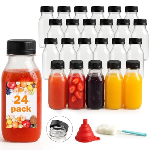 OAMCEG 24 Stück Plastikflaschen zum Befüllen – 8oz/240ml Saftflaschen mit Deckel, Wellness Kunststoff Smoothie Flasche – Flaschen Set für Wasser, Mini-Getränke, Picknick, Saft, Milch, Ingwer