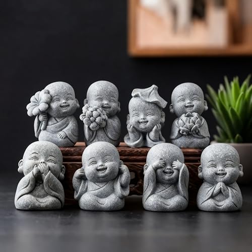 Juego de 8 estatuas pequeñas de Buda sonriente en arenisca