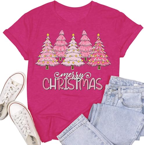 SUWATOIN Camisetas de Navidad para mujer, camisetas de Navidad con diseño de pinos, Rosa Roja, XXL